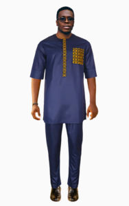 Boubou homme bleu marine 2 pièces, style africain traditionnel