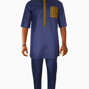 Boubou homme bleu marine 2 pièces, style africain traditionnel