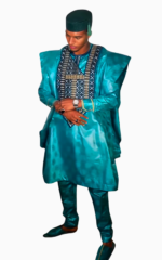 Boubou homme 3 pièces en bazin turquoise élégant