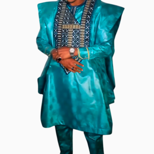Boubou homme 3 pièces en bazin turquoise élégant