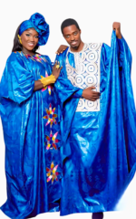 Boubou africain couple bleu en tissu traditionnel