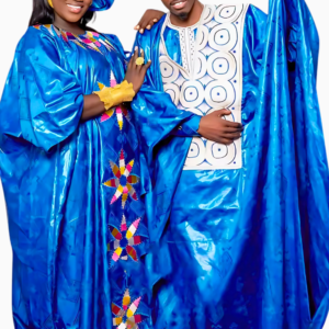 Boubou africain couple bleu en tissu traditionnel