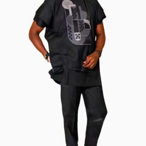 Boubou Africain Homme Noir Manches Courtes