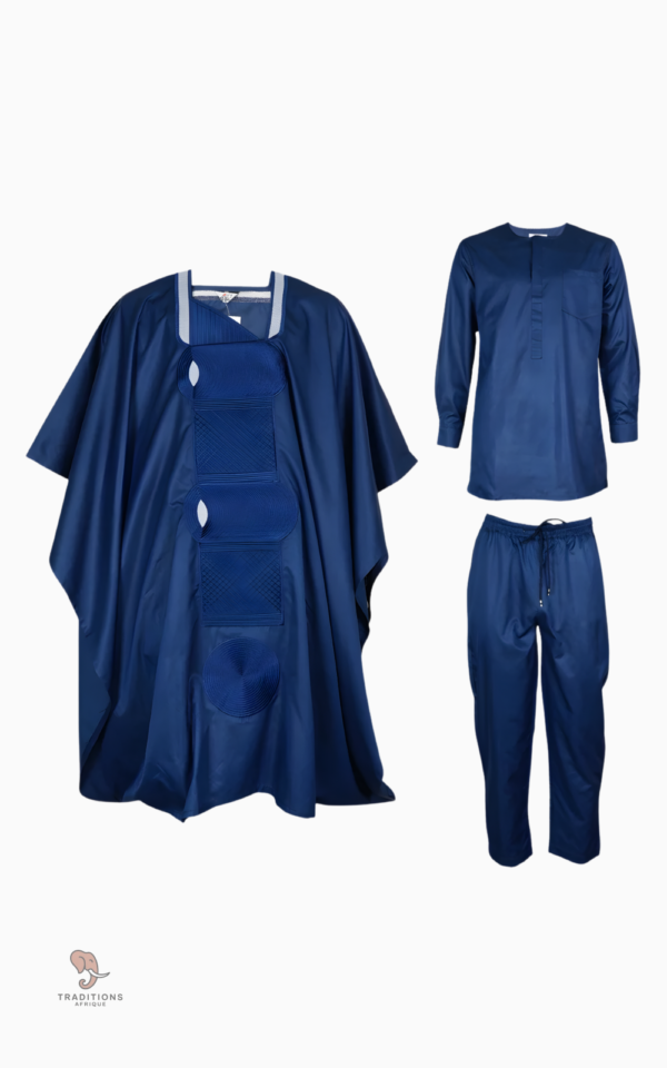 Vêtement africain masculin bleu en Bazin Riche