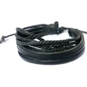 Bracelet Africain Cuir Noir Fait Main, design artisanal