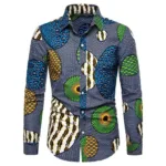 Chemise africaine bleue gris à manches longues pour homme