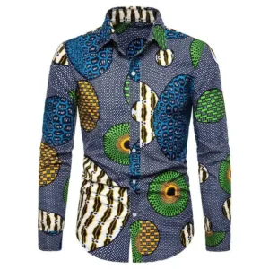 Chemise africaine bleue gris à manches longues pour homme