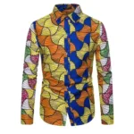 Chemise africaine manches longues bleu et jaune pour homme