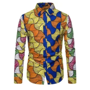 Chemise africaine manches longues bleu et jaune pour homme
