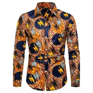 Chemise Africaine Manches Longues Bleu Orange pour homme