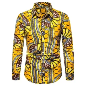 Chemise africaine manches longues jaune orange pour homme