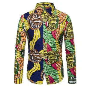 Chemise Africaine Manches Longues Jaune Verte pour homme