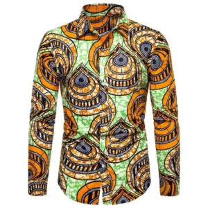 Chemise Africaine Manches Longues Orange et Verte pour Homme