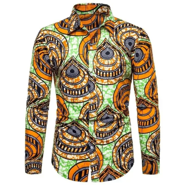 chemise-africaine-manches-longues-orange-verte-1 Chemise Africaine Manches Longues Orange et Verte pour Homme