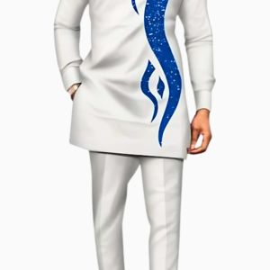 Ensemble Africain Homme Blanc et Bleu Pailleté