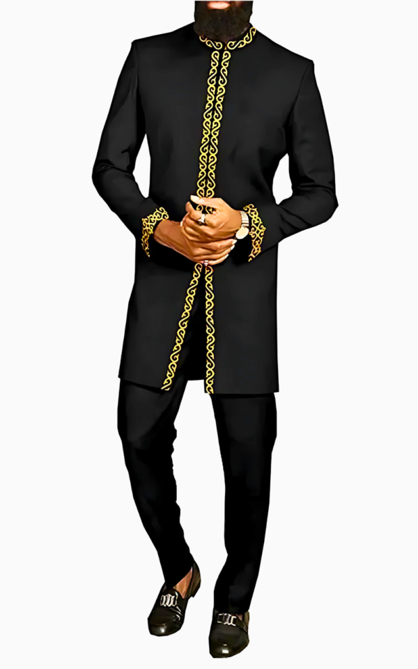 ensemble-africain-homme-noir-imprime-dore-1 Ensemble Africain Noir Imprimé Doré pour Homme