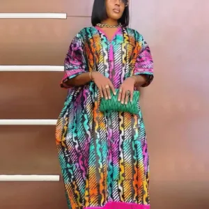 Robe africaine femme à col V en tissu coloré