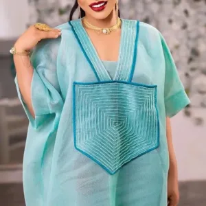 Robe de Soirée Africaine Bleu Col V