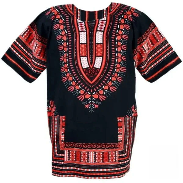 T-shirt en pagne avec motifs symboliques et colorés